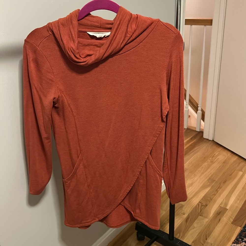 Paedia Tulip Hem Cowl Neck French Terry Knit Top - salmon
